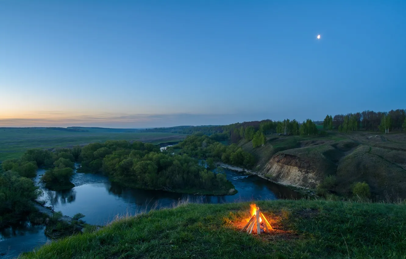 Photo wallpaper grass, river, view, morning, hill, campfire