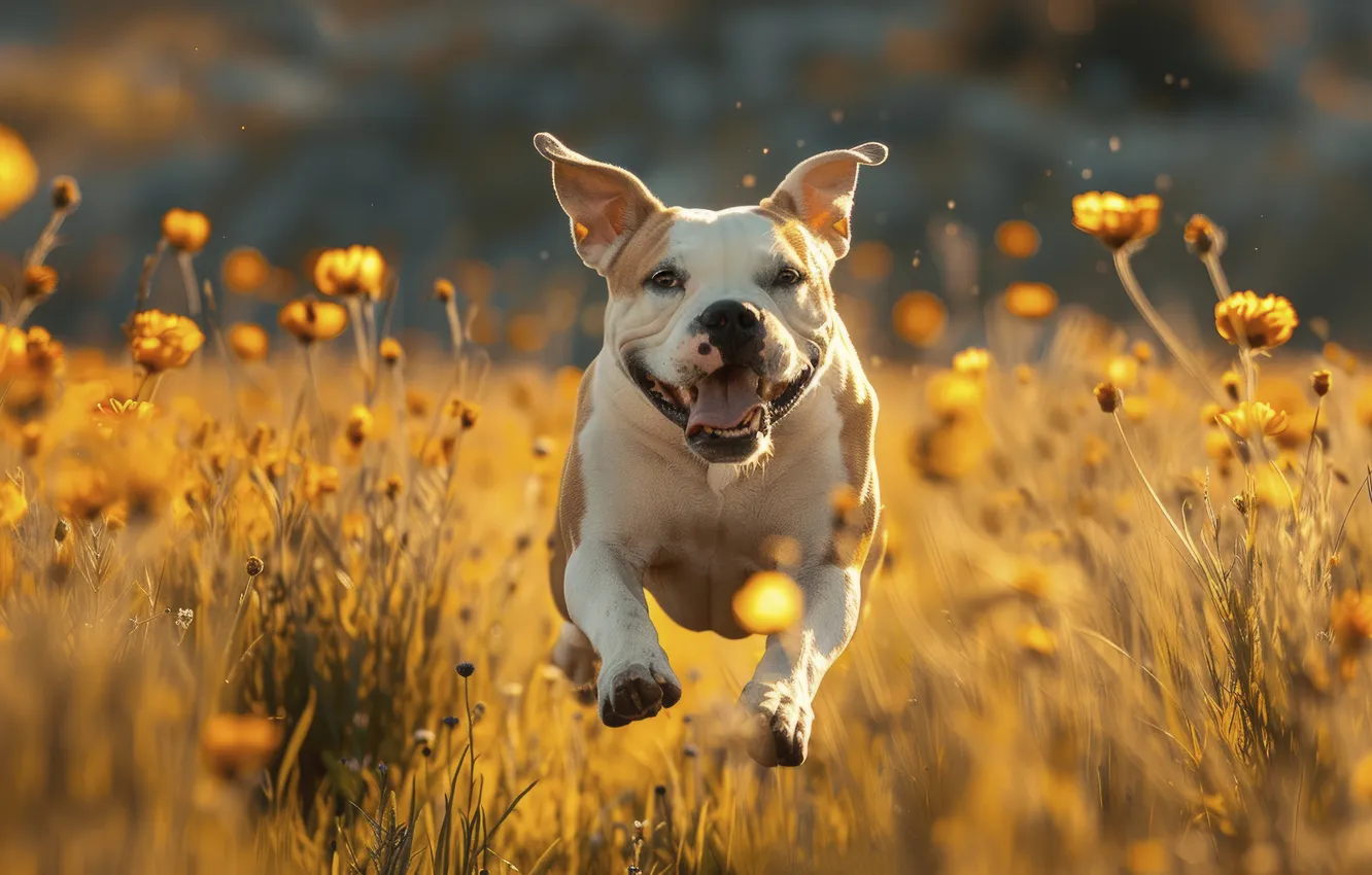 Photo wallpaper field, language, look, light, flowers, dog, meadow, running