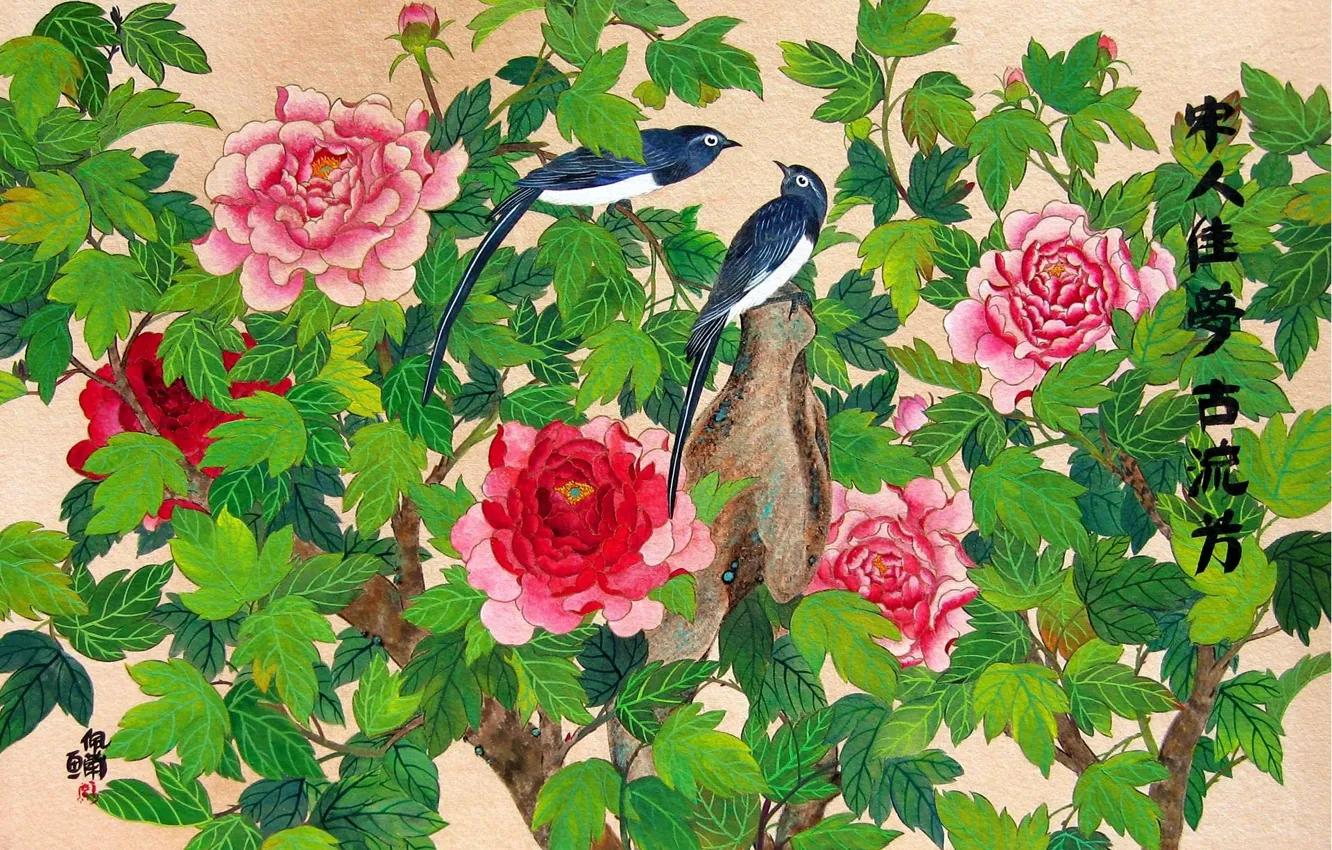 Photo wallpaper flowers, bird, figure, art, China