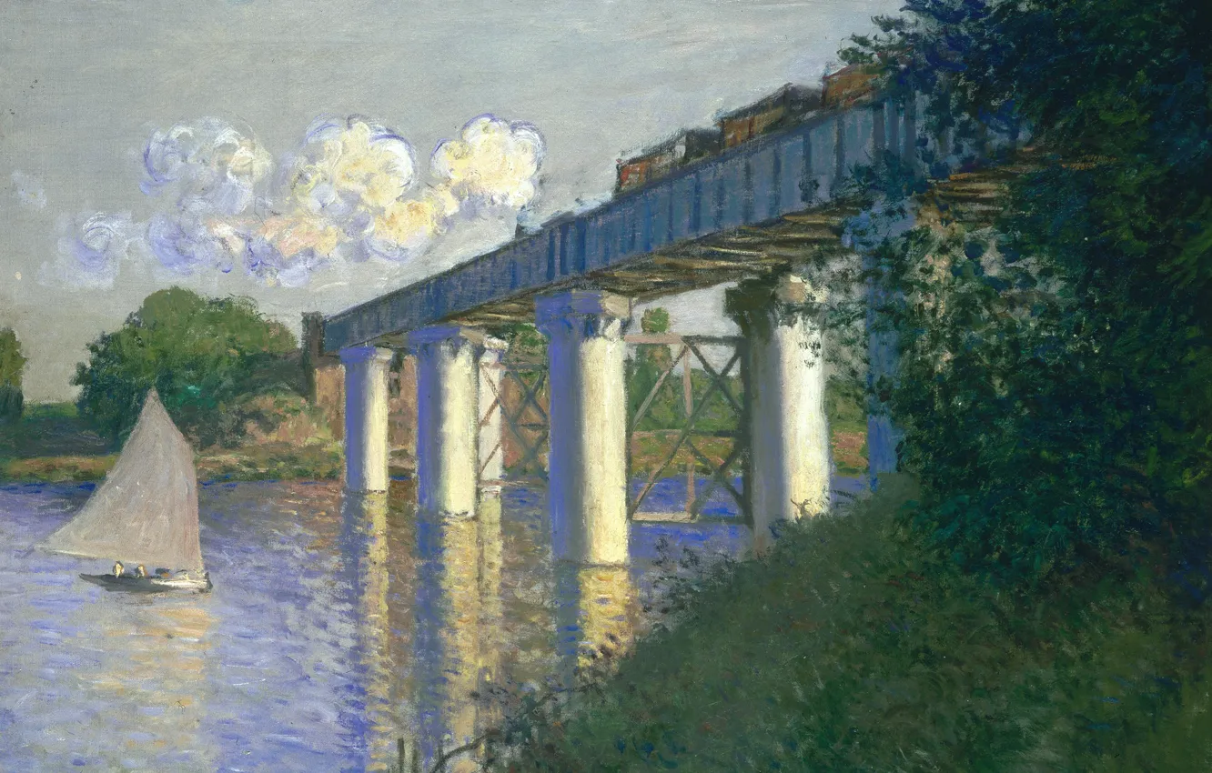 Photo wallpaper landscape, boat, picture, sail, Claude Monet, The railway Bridge at Argenteuil