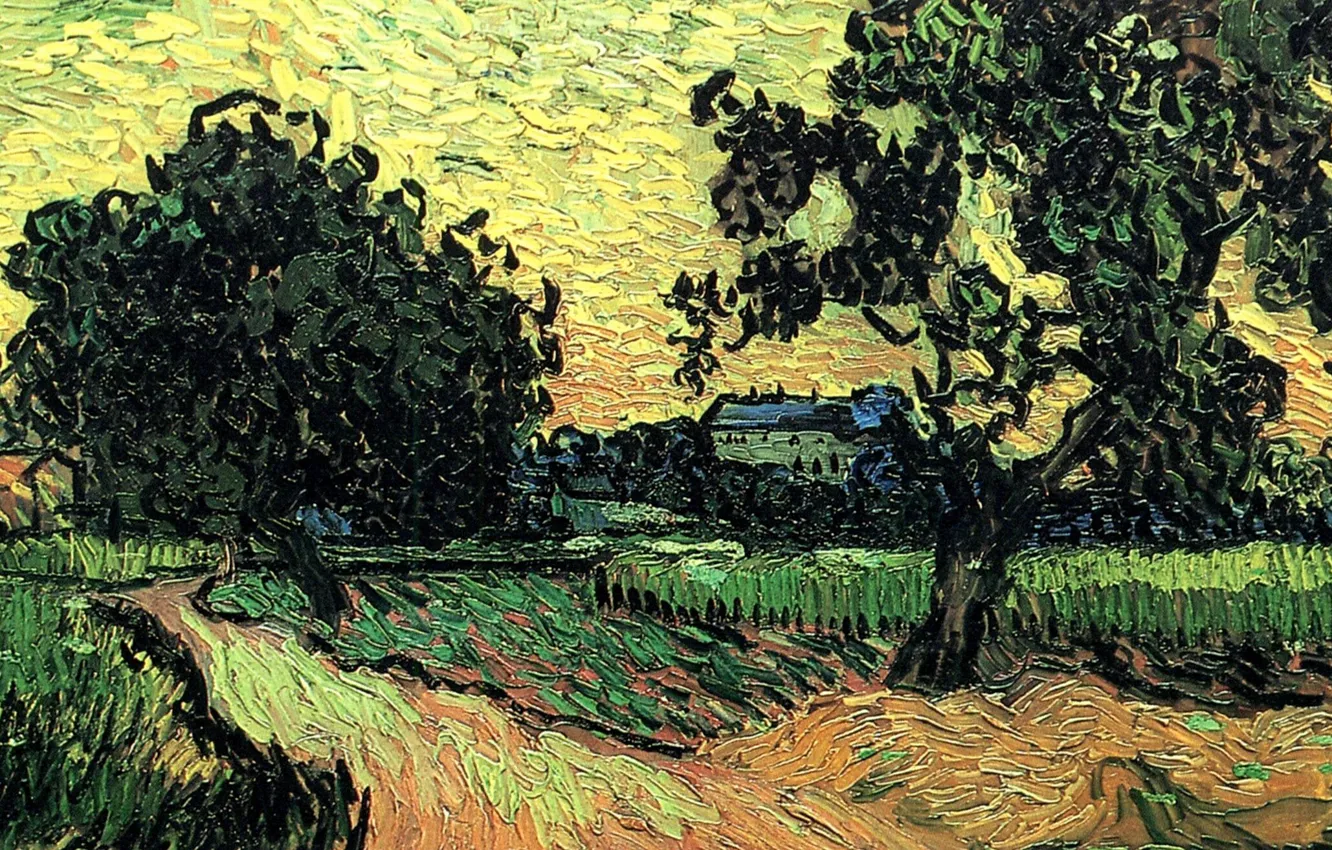 Photo wallpaper Vincent van Gogh, at Sunset, the Chateau of Auvers, Landscape with