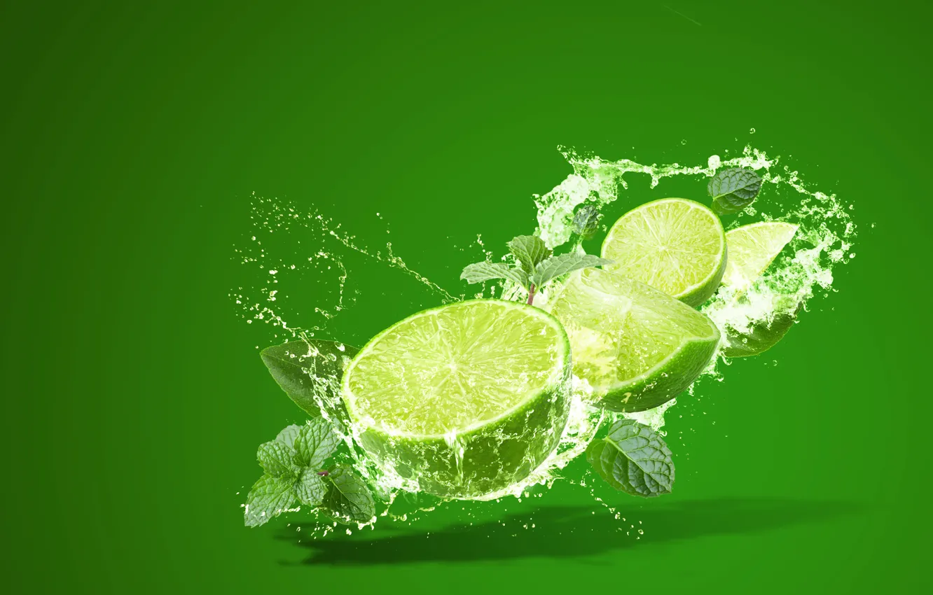 Photo wallpaper squirt, splash, lime, citrus, mint, lemonade, lemonade
