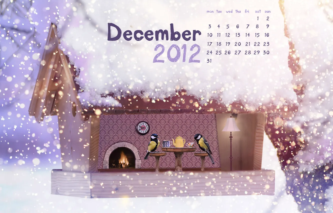 Photo wallpaper snow, birds, tea, new year, Christmas, birdhouse, new year, calendar