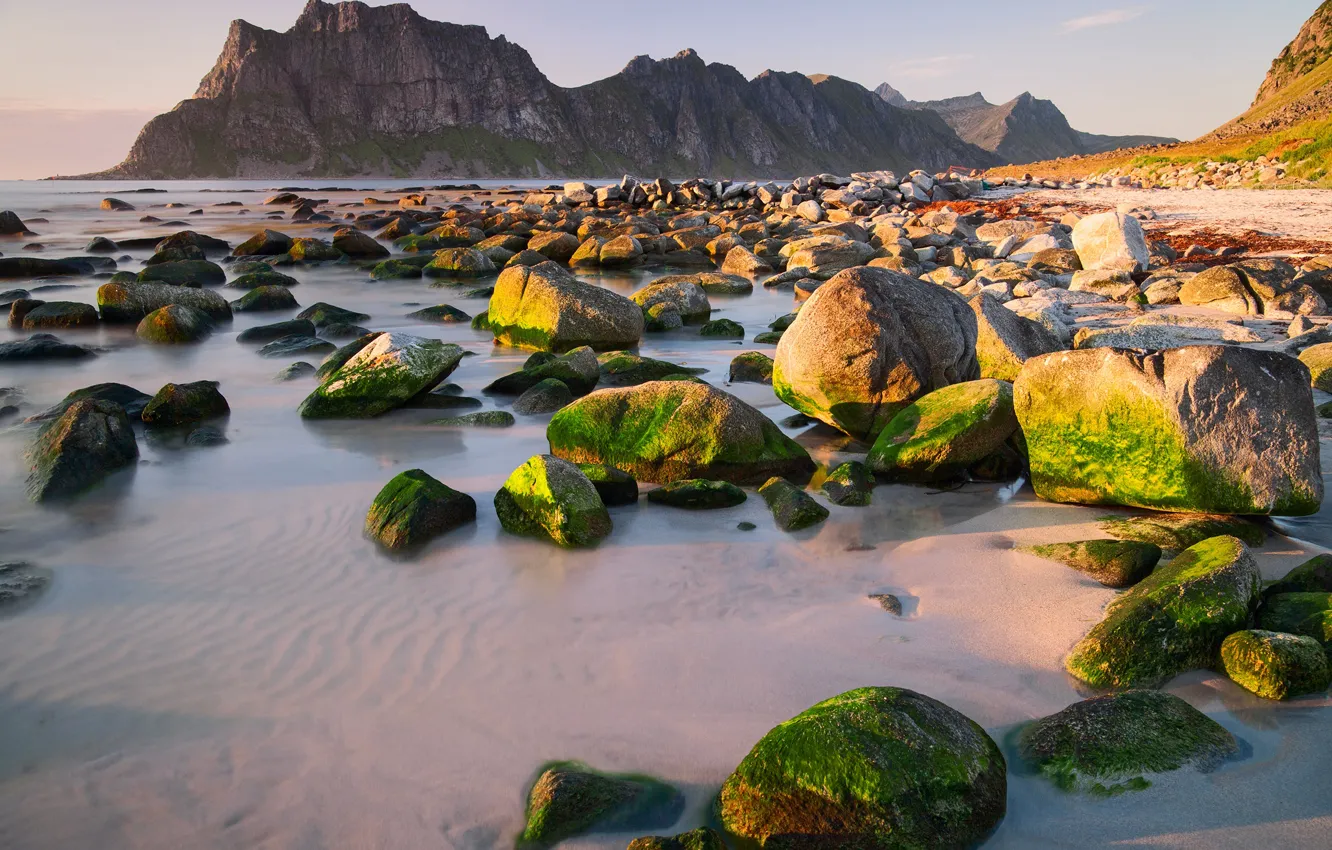 Photo wallpaper sand, sea, the sky, the sun, stones, rocks, dawn, coast