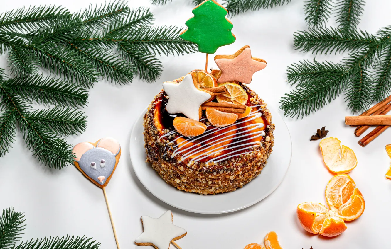 Photo wallpaper new year, cookies, Christmas, cake, tangerines, spruce branches