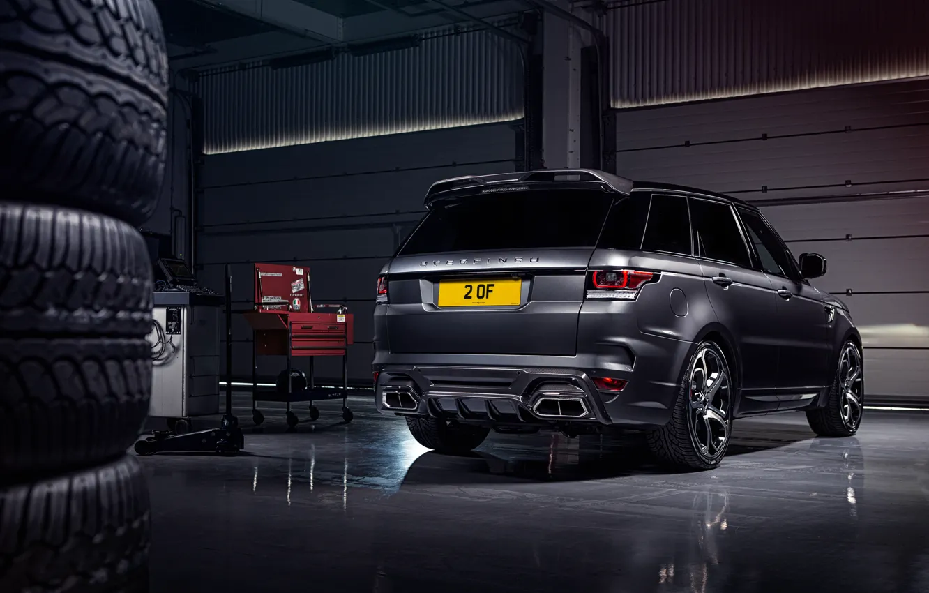 Photo wallpaper garage, tires, tires, Range Rover, rear view, Sport, Overfinch