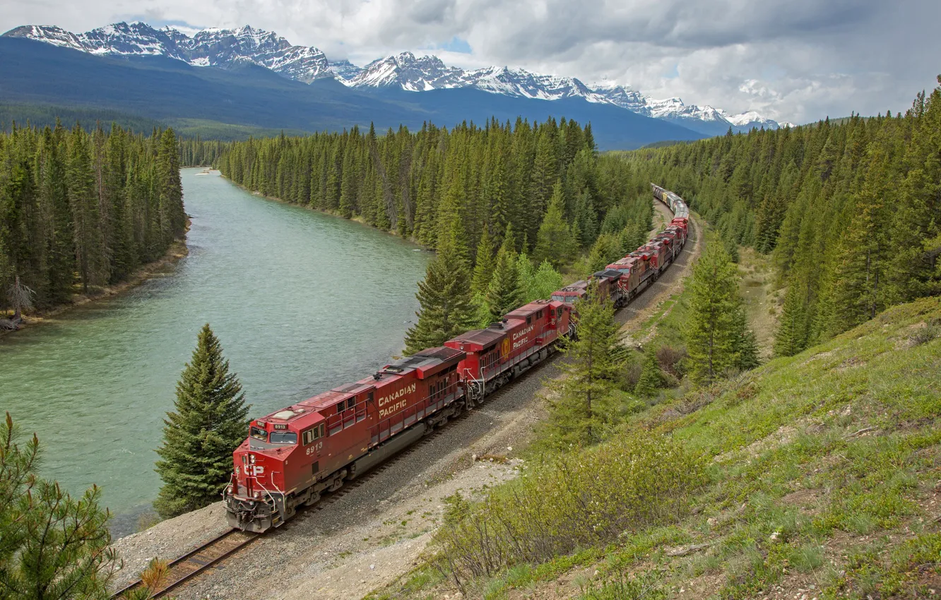 Photo wallpaper forest, landscape, lake, train