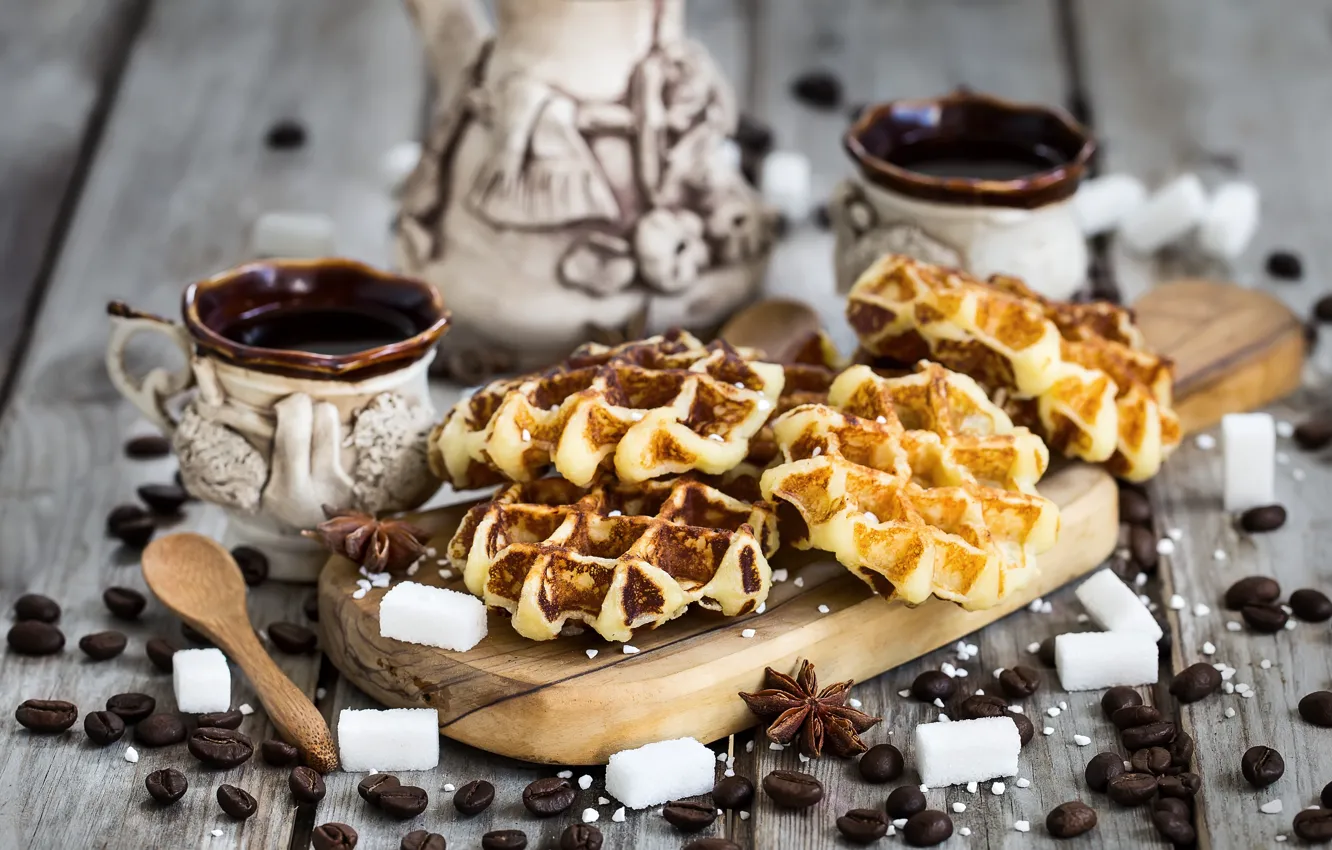 Photo wallpaper coffee, grain, Cup, sugar, waffles, star anise