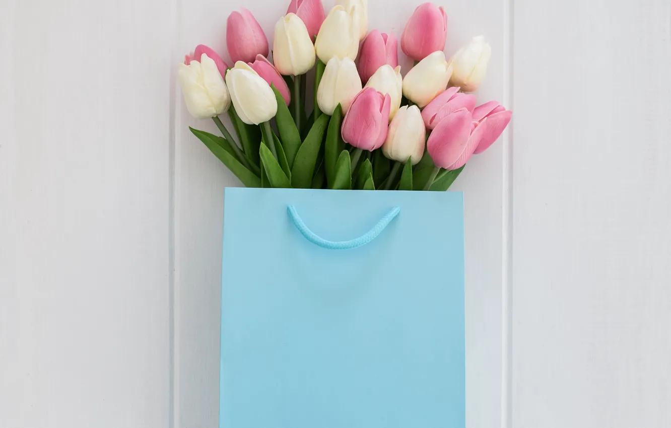 Photo wallpaper gift, bouquet, tulips, wood