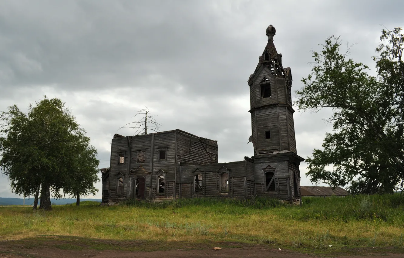 Photo wallpaper Nature, Trees, Church, The building, Vintage, Abandoned