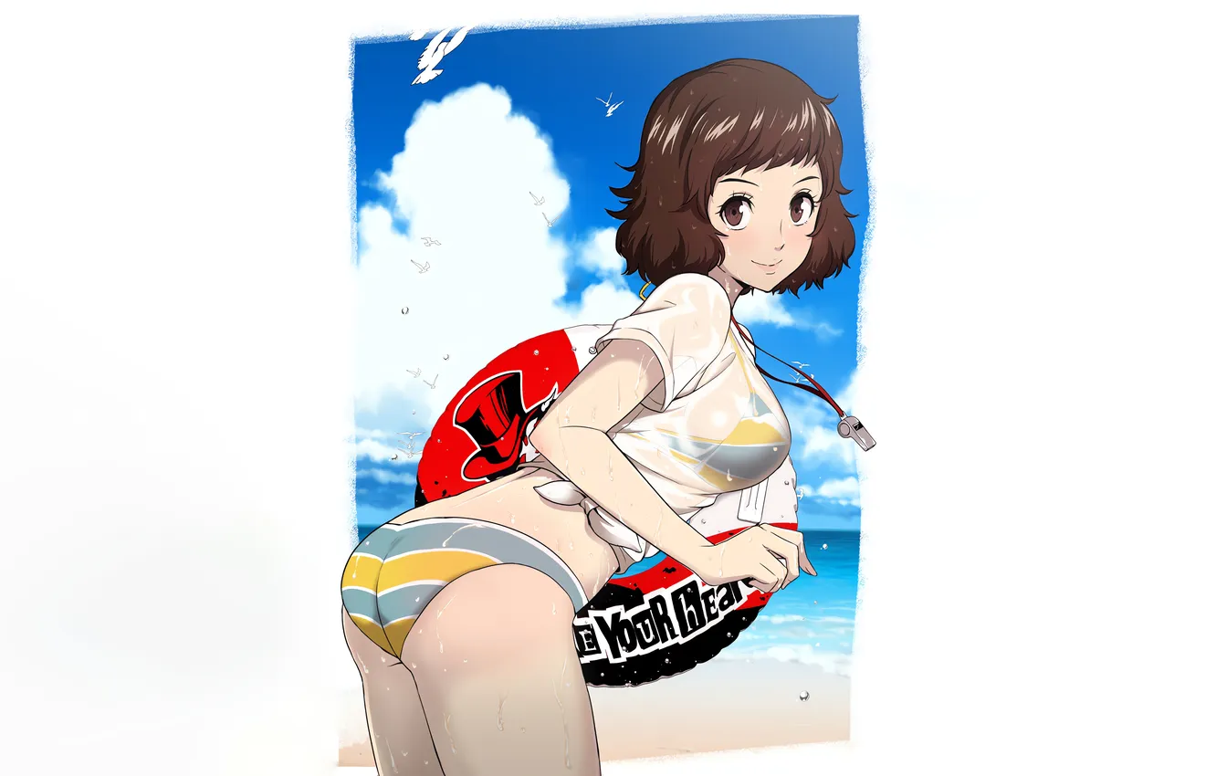 Photo wallpaper girl, sexy, ass, wet, beach, sea, brown hair, brown eyes