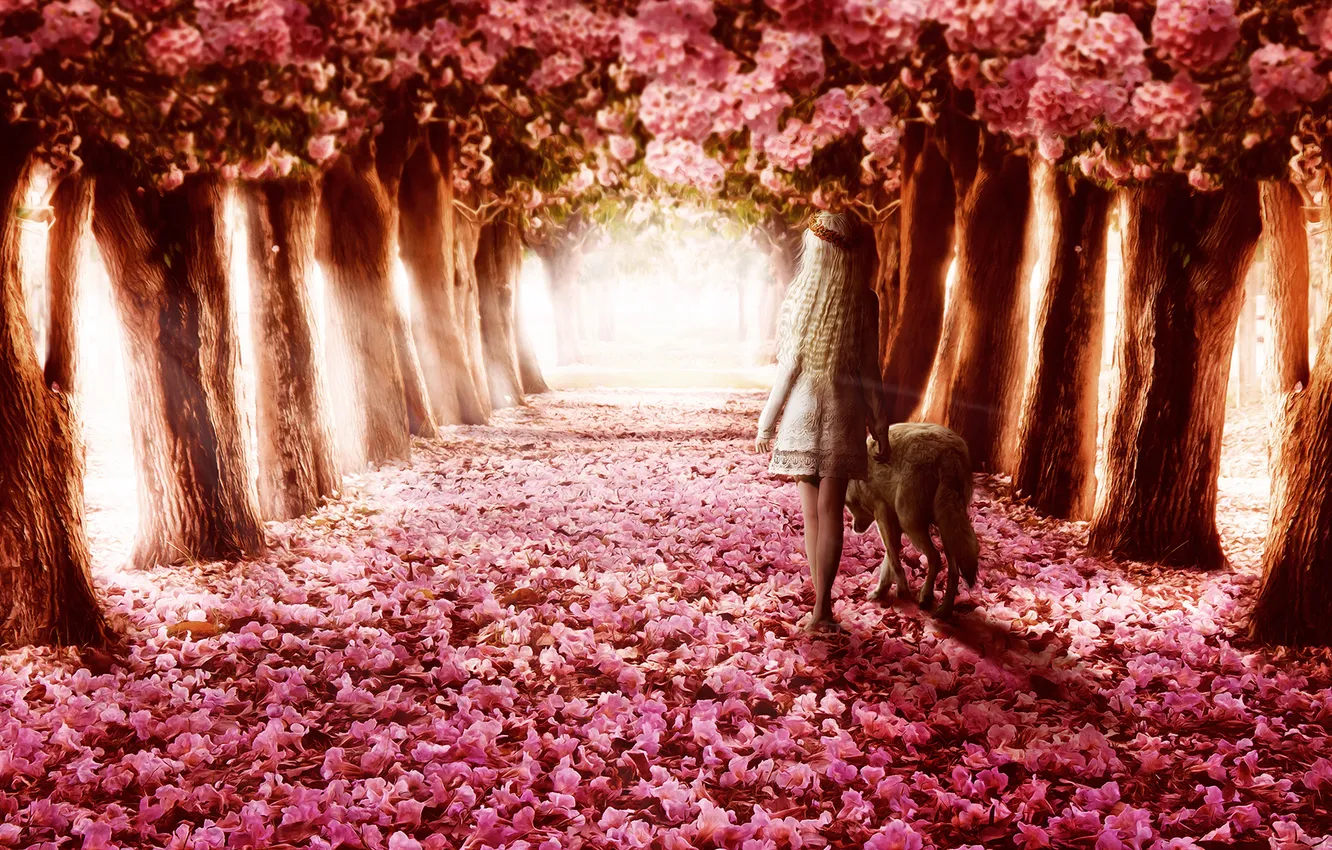 Photo wallpaper girl, trees, flowers, wolf, walk, alley, wreath, back