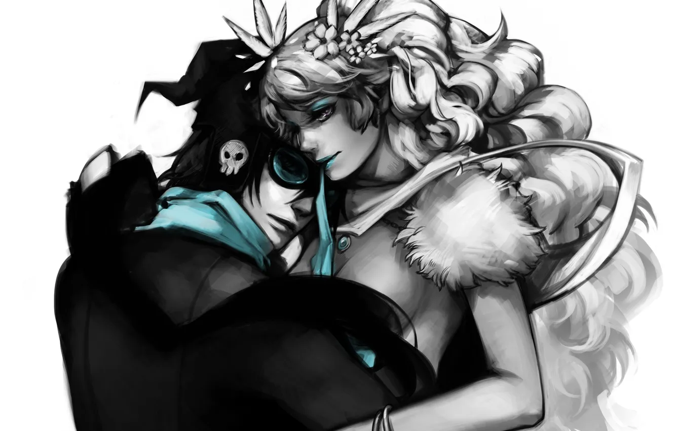 Photo wallpaper girl, flowers, skull, anime, art, glasses, hugs, guy