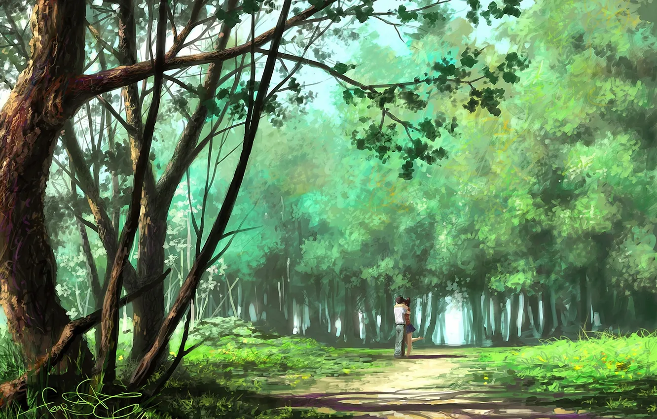Photo wallpaper girl, trees, Park, art, hugs, track, guy