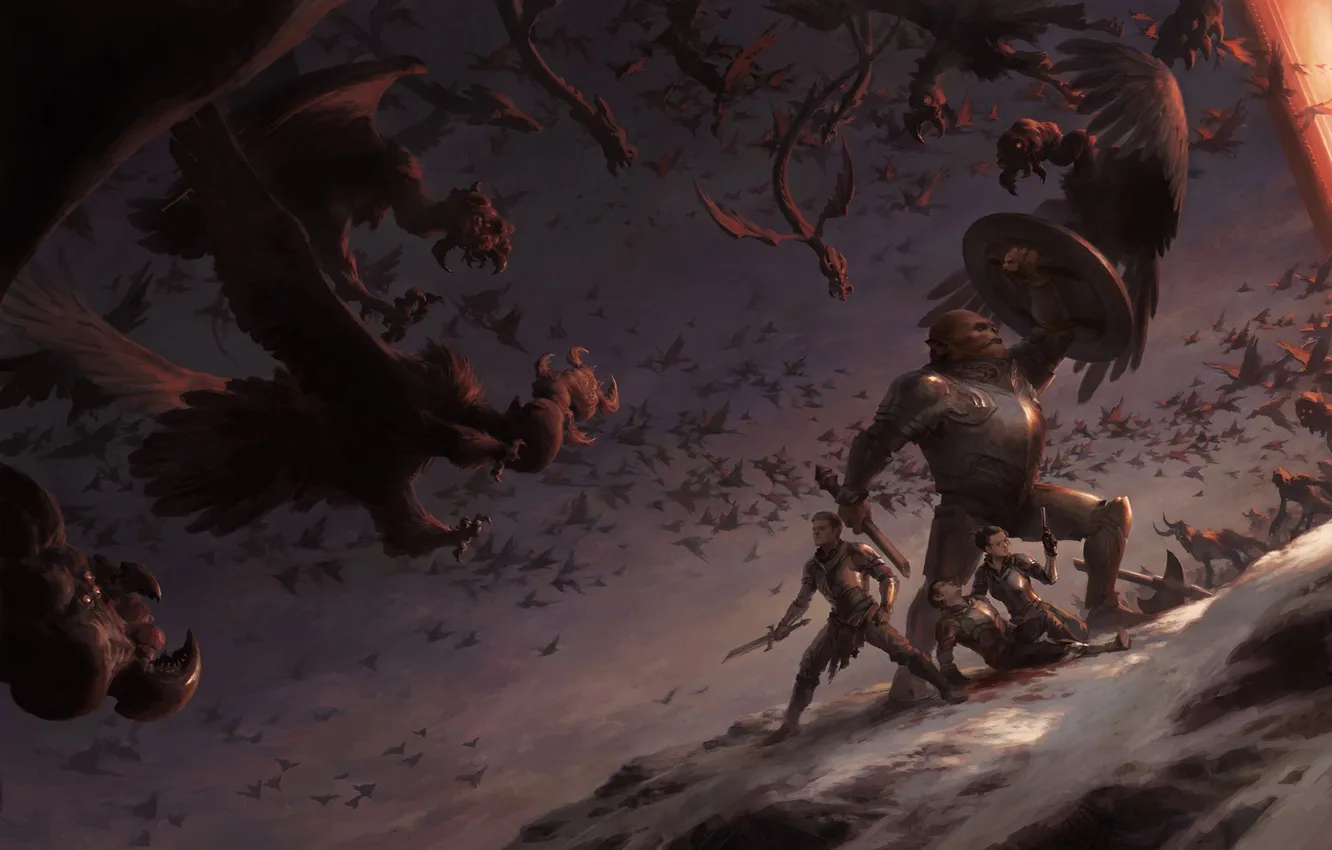 Photo wallpaper snow, weapons, war, wings, monster, slope, art, giant