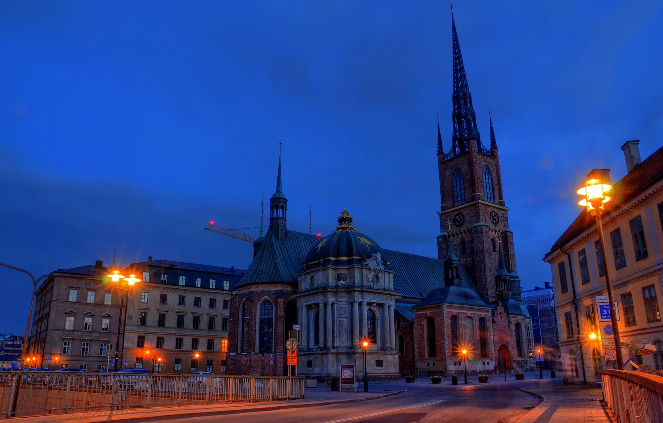 Photo wallpaper night, street, lights, Church, Stockholm, Sweden