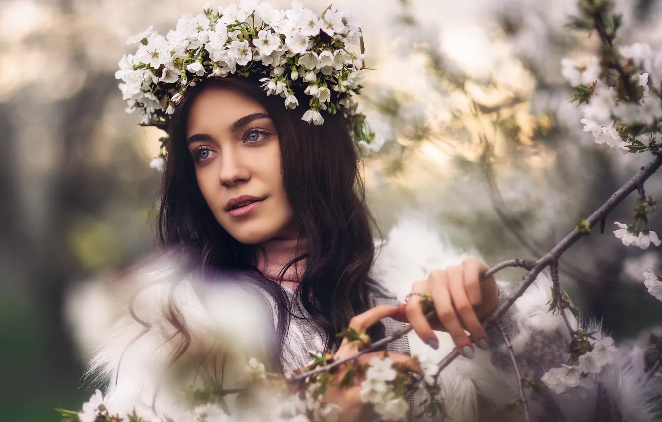 Photo wallpaper girl, flowers, branches, spring, brunette, flowering, wreath, bokeh