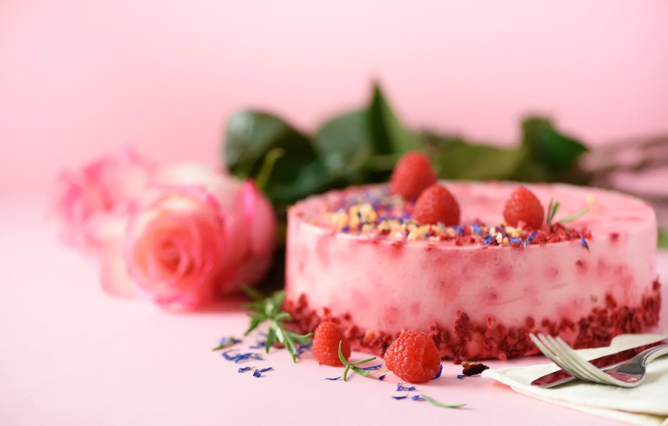 Photo wallpaper flowers, roses, cake, dessert
