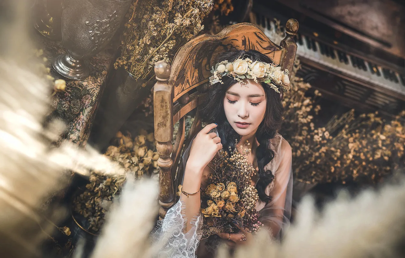 Photo wallpaper girl, flowers, portrait, Asian, wreath, closed eyes