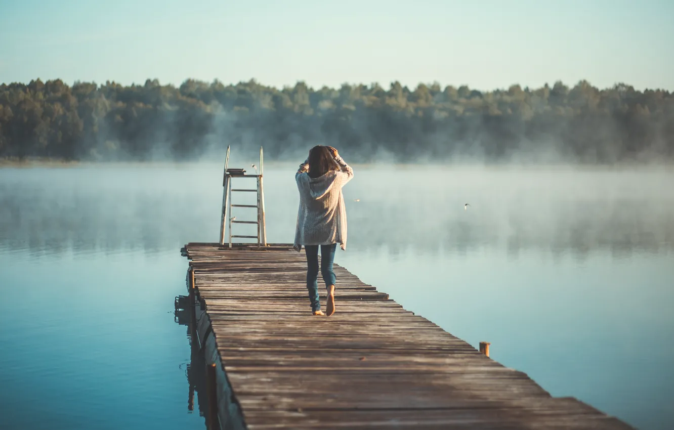 Photo wallpaper summer, girl, fog, lake, back, morning, Omsk, nevidela