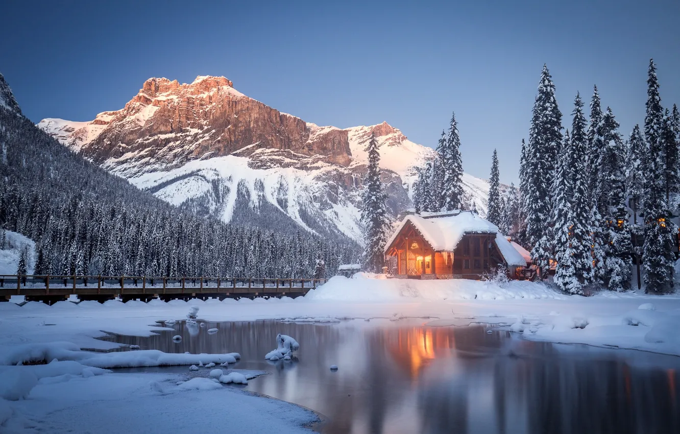 Photo wallpaper winter, snow, trees, mountains, lake, Canada, house, Canada