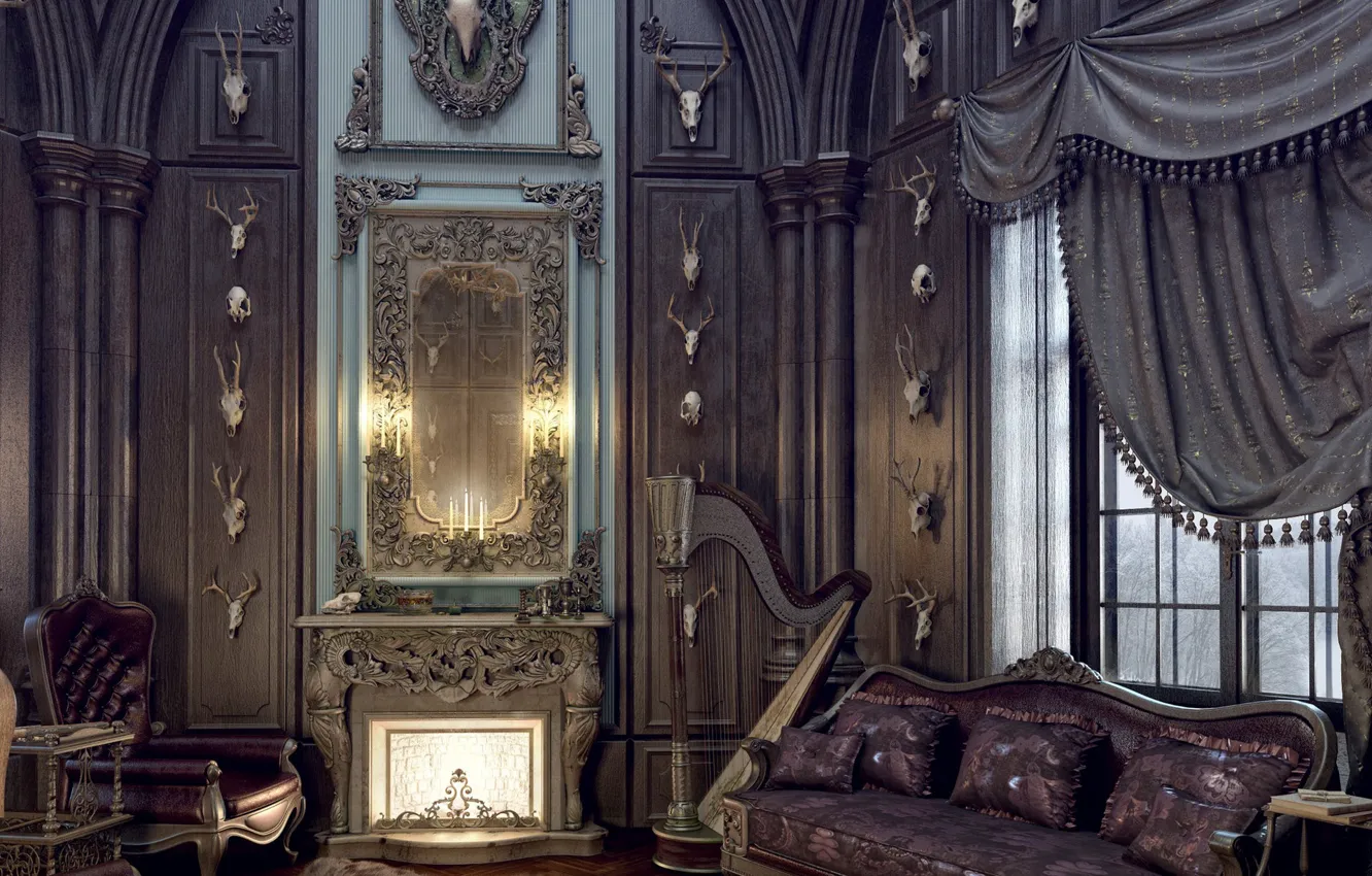 Photo wallpaper furniture, interior, harp, the room, Fin-de-siecle hunting gallery