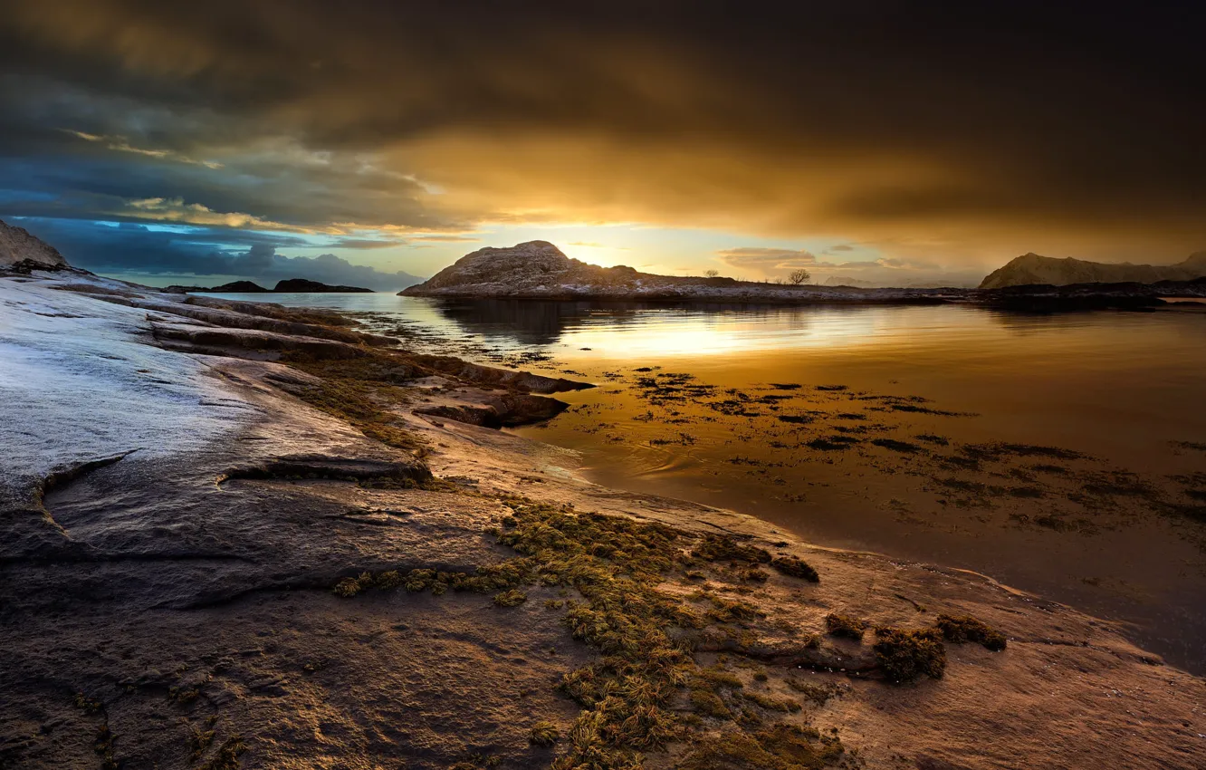 Photo wallpaper sand, the sky, light, sunset, mountains, traces, clouds, shore