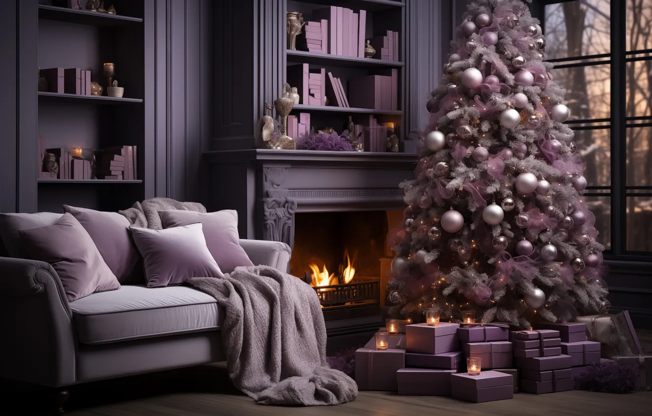 Photo wallpaper decoration, room, tree, new year, interior, Christmas, Christmas, tree