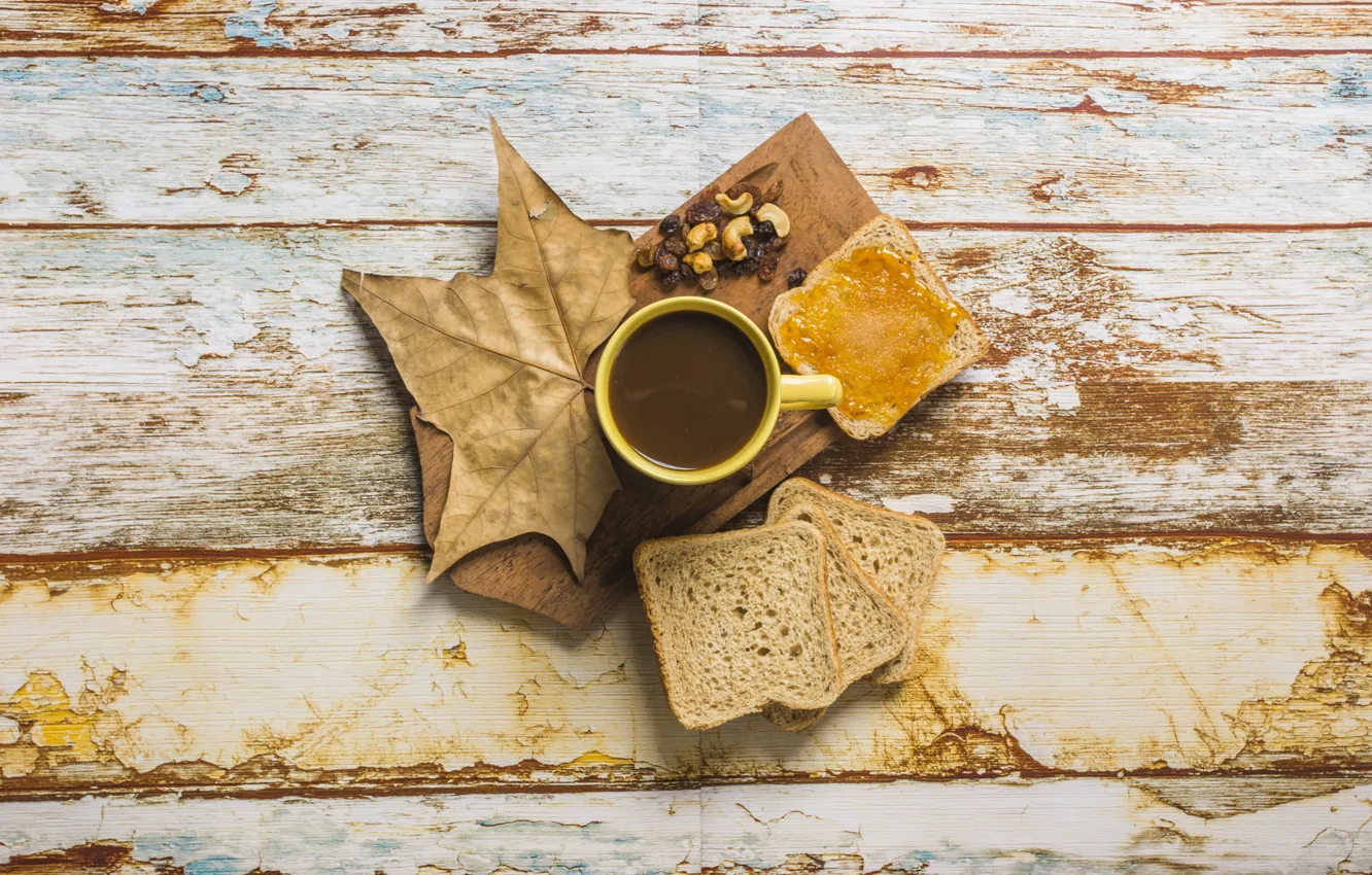 Photo wallpaper autumn, leaves, background, tree, coffee, bread, Cup, wood