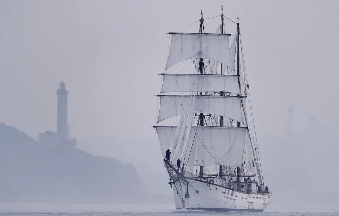 Photo wallpaper sea, landscape, fog, lighthouse, sailboat