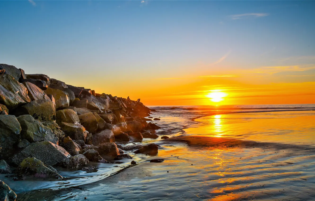 Photo wallpaper sea, stones, dawn, shore