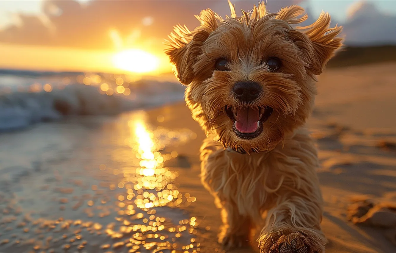 Photo wallpaper sand, sea, wave, the sun, coast, dog, AI art, The Art of Artificial Intelligence