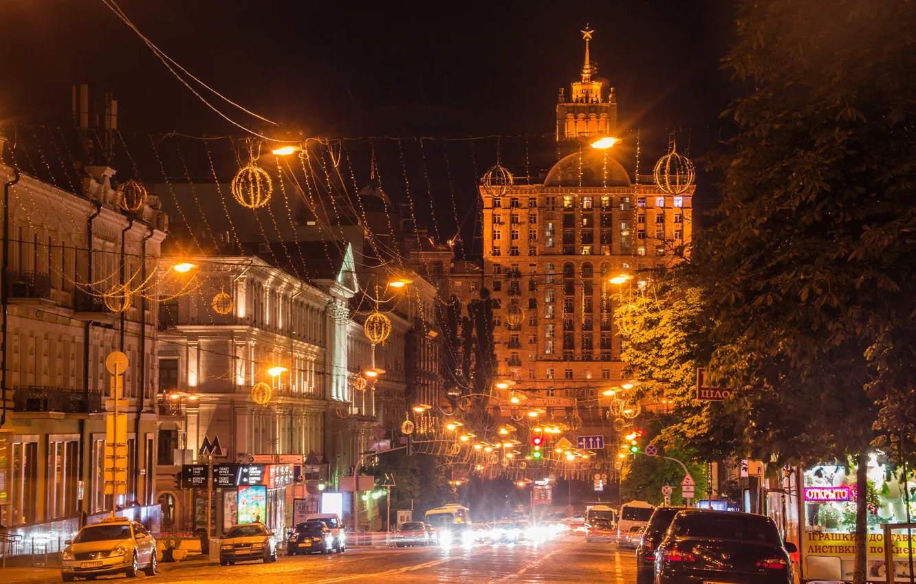 Photo wallpaper road, trees, machine, night, lights, home, lights, Ukraine