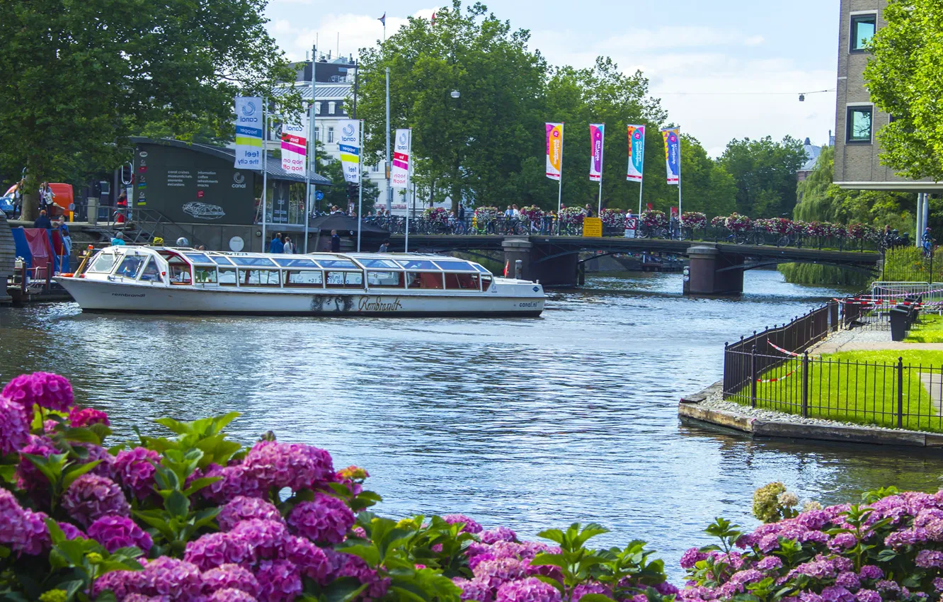 Photo wallpaper water, flowers, bridge, the city, boat, building, Amsterdam, channel