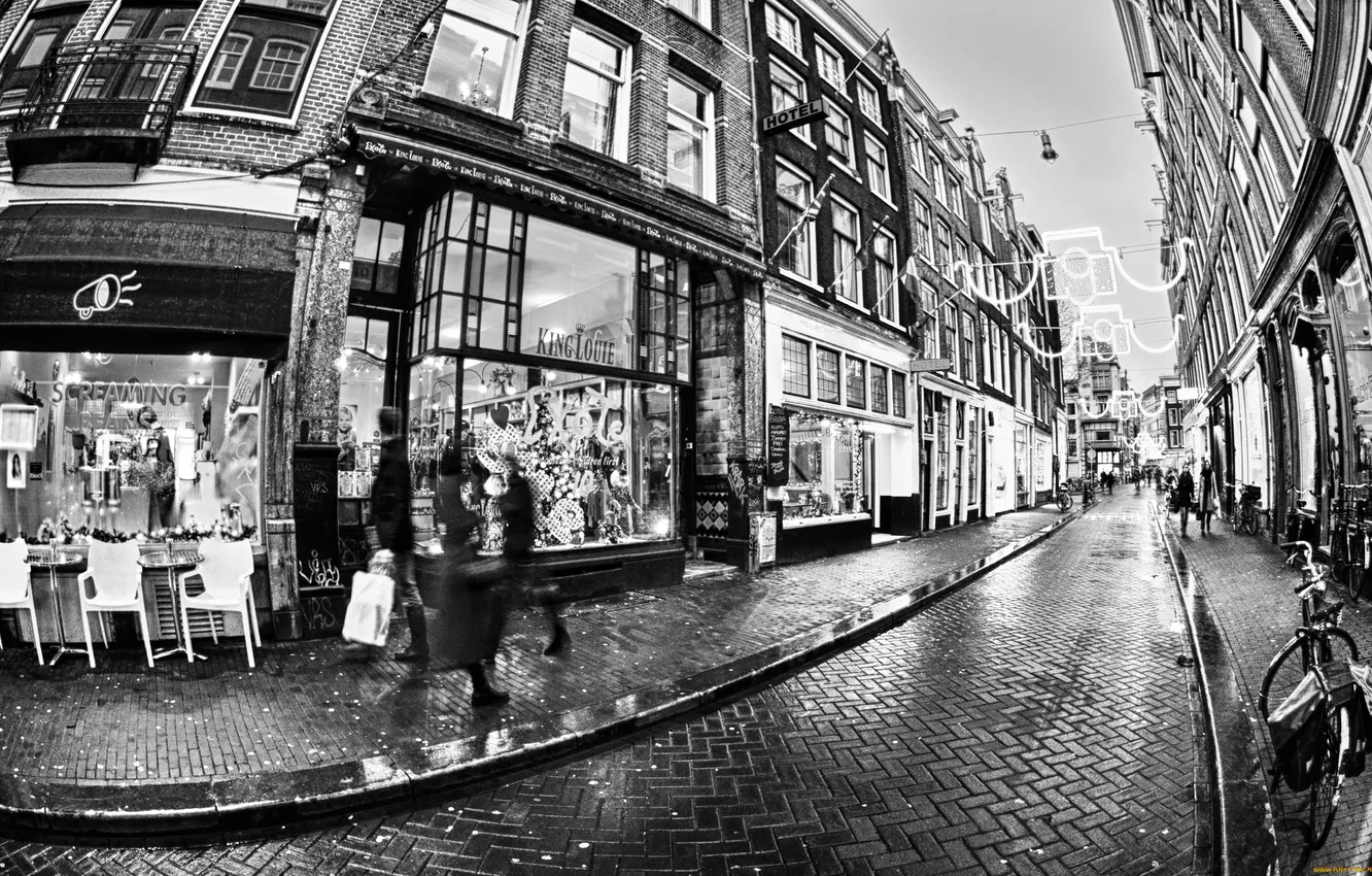 Photo wallpaper street, building, Amsterdam, black and white, Netherlands, monochrome, Holland
