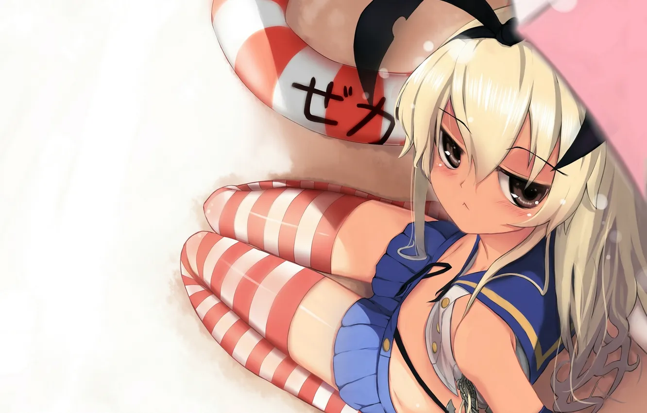 Photo wallpaper beach, look, girl, umbrella, dissatisfaction, art, kantai collection, shimakaze