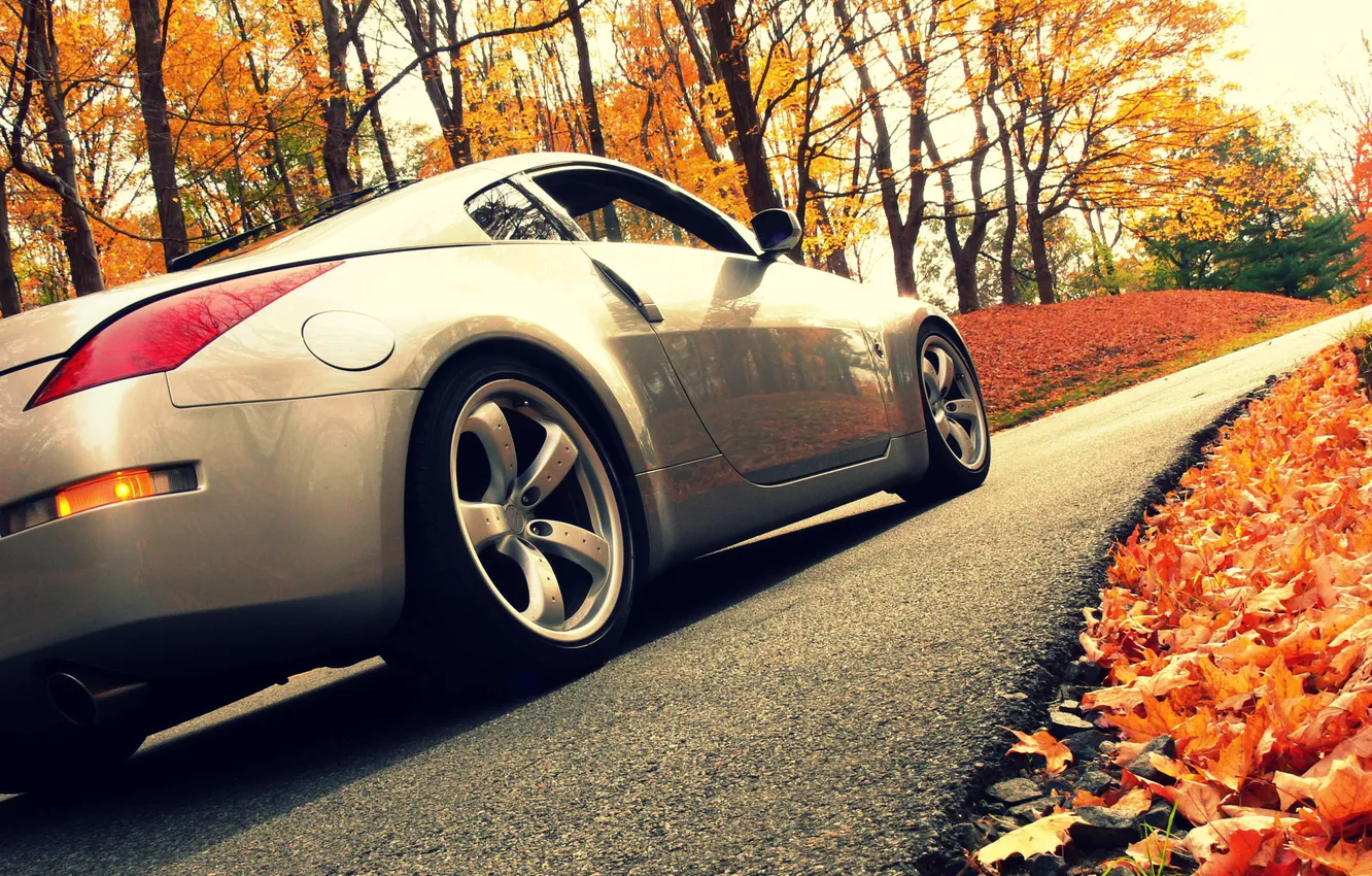 Photo wallpaper road, autumn, foliage, Nissan, 350z