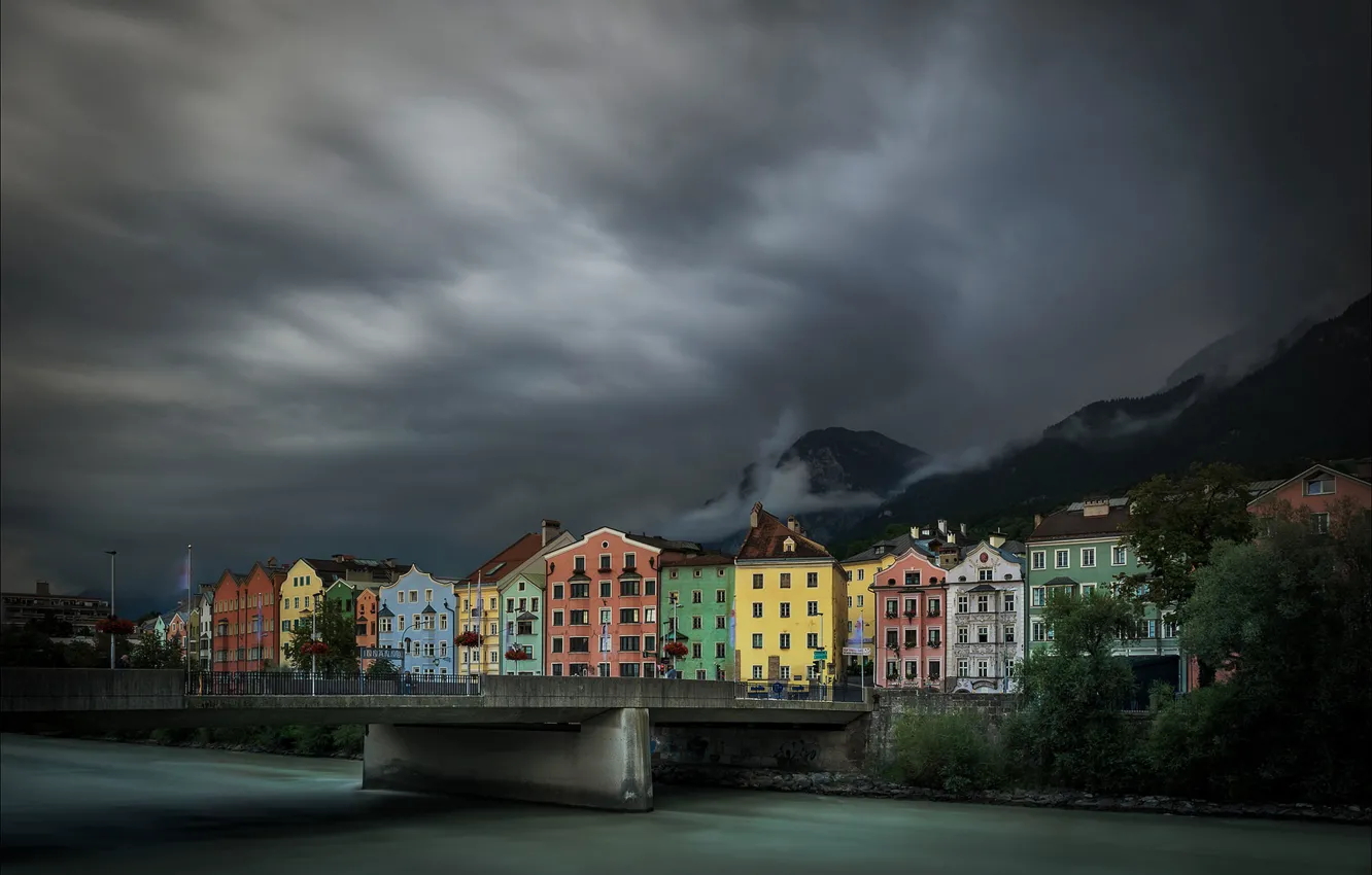 Photo wallpaper clouds, bridge, river, home, Austria, Innsbruck