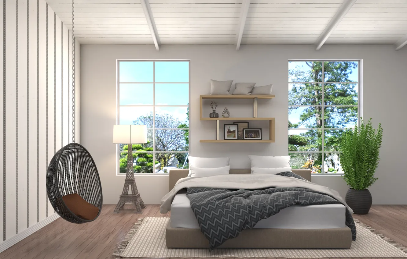 Photo wallpaper design, house, bed, interior, bedroom