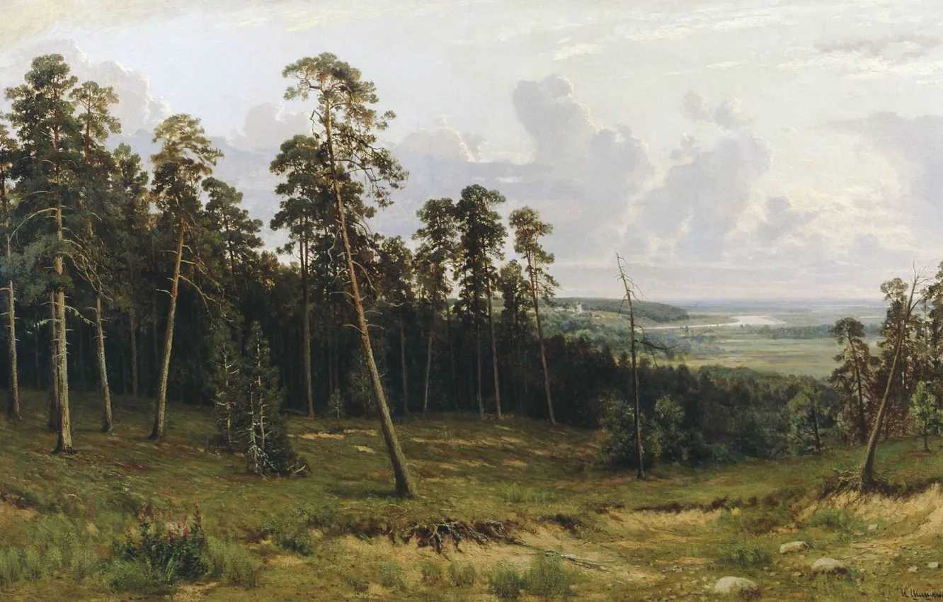 Photo wallpaper forest, trees, landscape, oil, picture, canvas, the edge of the forest, Ivan Shishkin