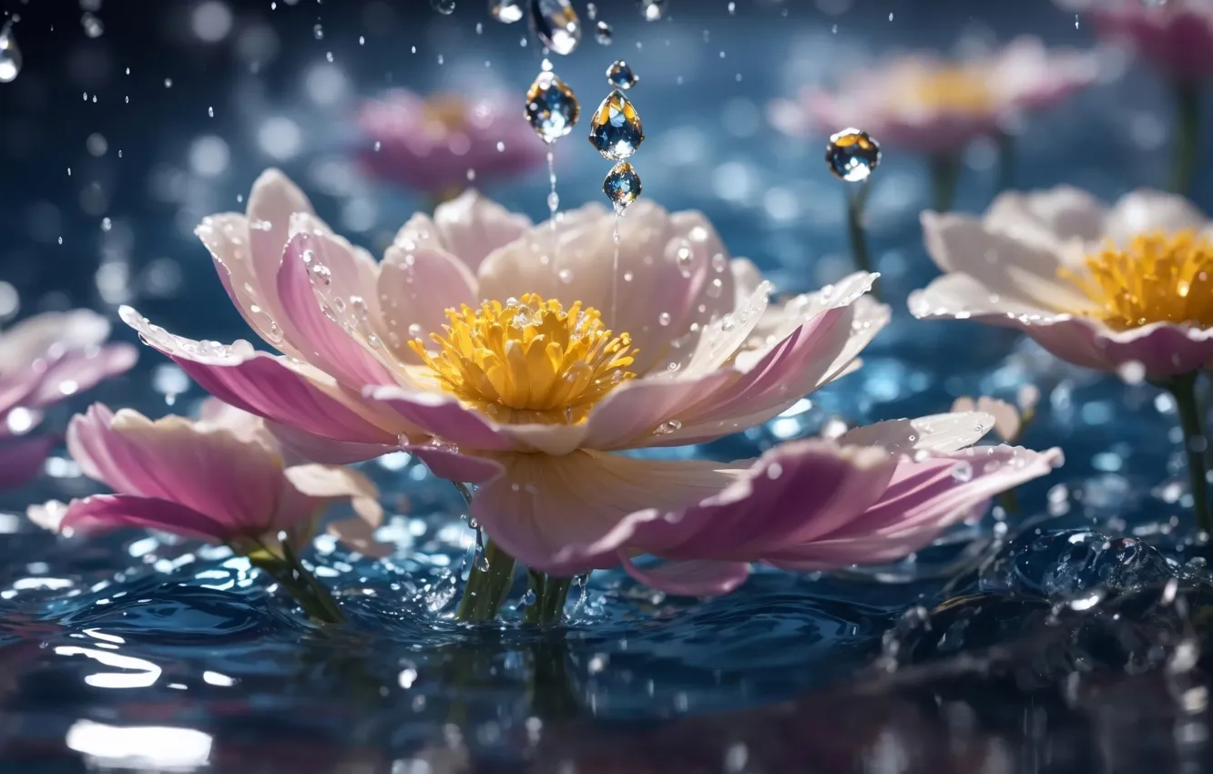 Photo wallpaper flowers, crystals, water drops