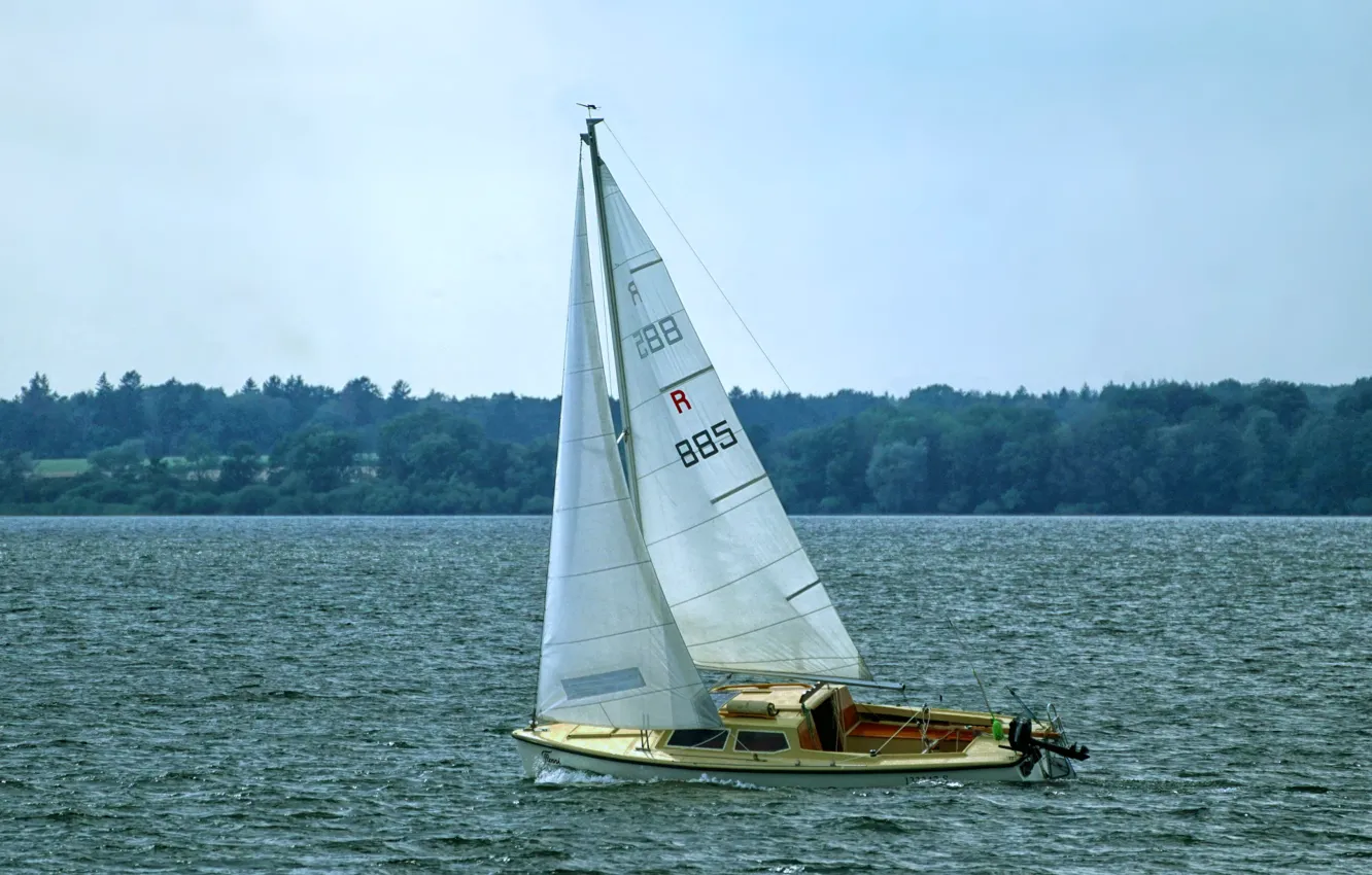Photo wallpaper the sky, shore, yacht, sail