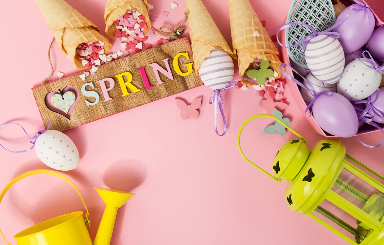 Photo wallpaper background, butterfly, eggs, spring, Easter, pink, horn, pink