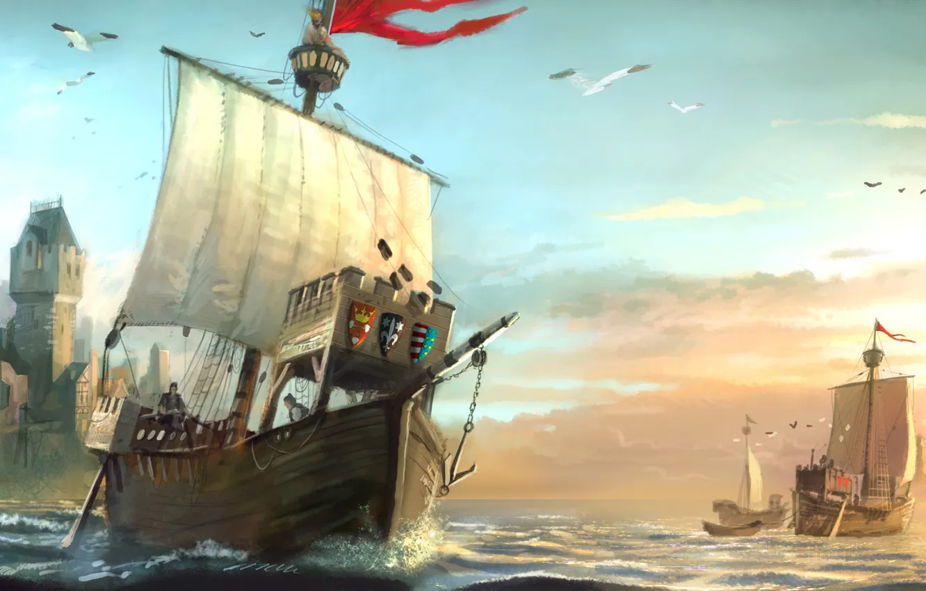 Photo wallpaper sea, seagulls, art, port, coat of arms, Anno 1404, brig, merchants