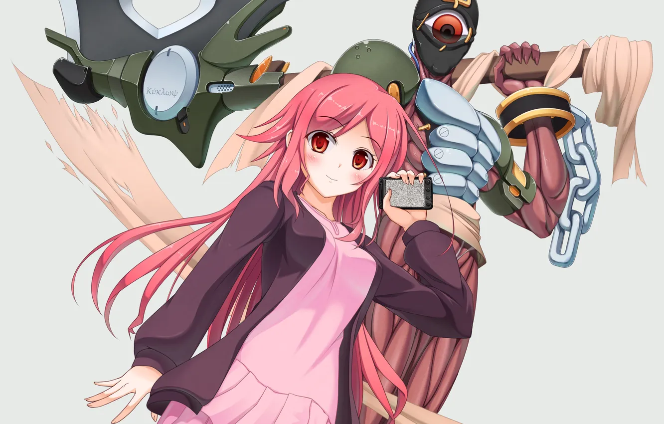 Photo wallpaper look, girl, smile, weapons, robot, phone, art, yujin-yujin