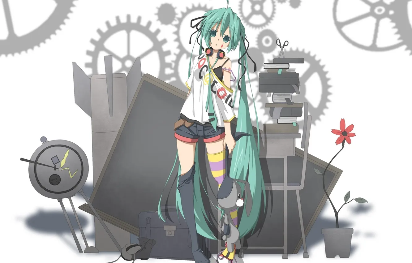 Photo wallpaper girl, flowers, toy, hare, headphones, art, book, gear