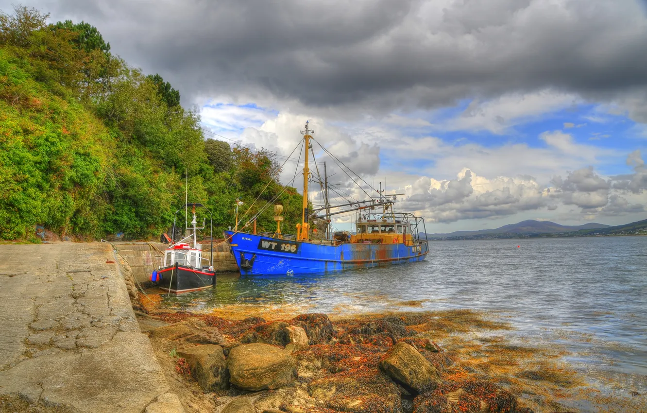 Photo wallpaper sea, the sky, clouds, stones, coast, HDR, treatment, pier