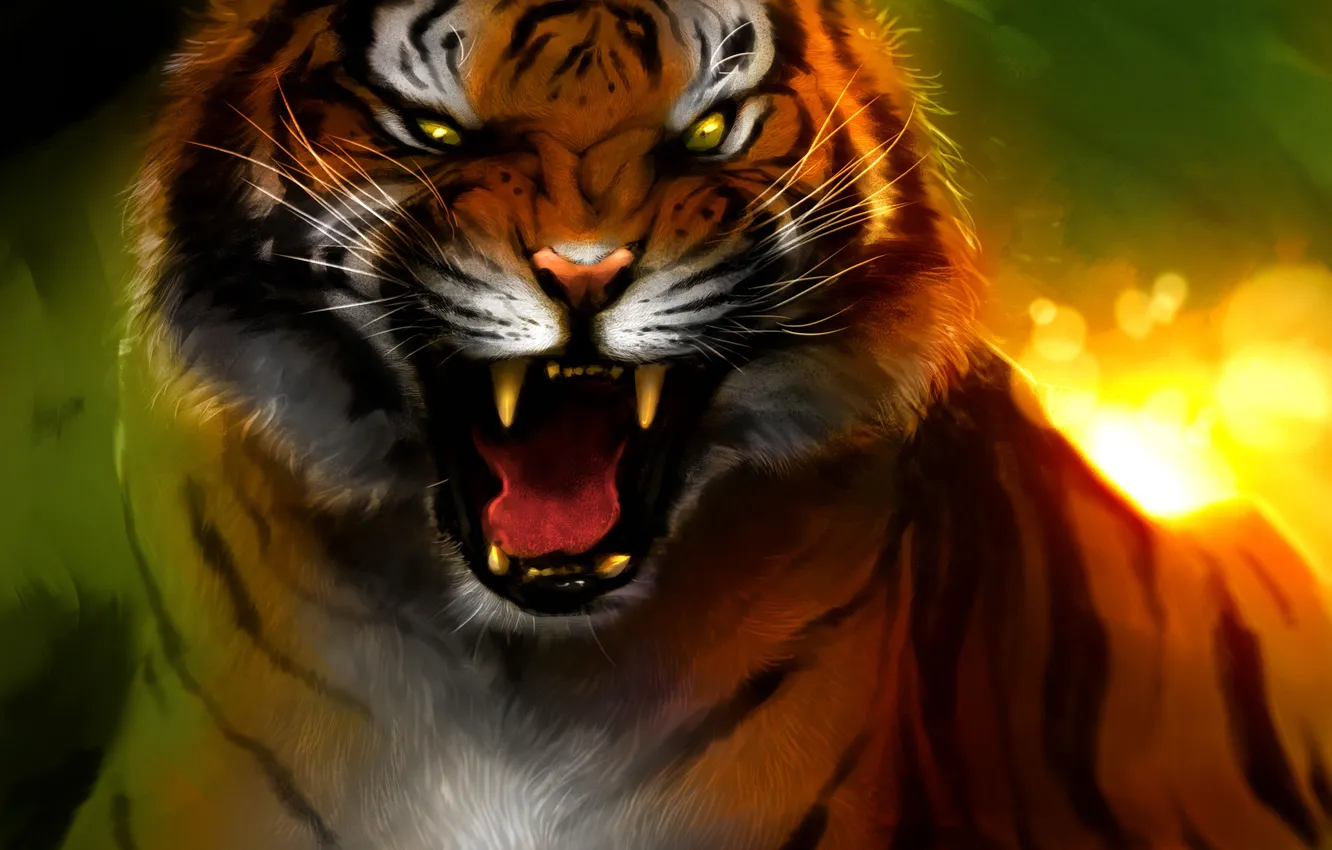 Photo wallpaper tiger, rage, fangs, grin, art, Bengal Tiger