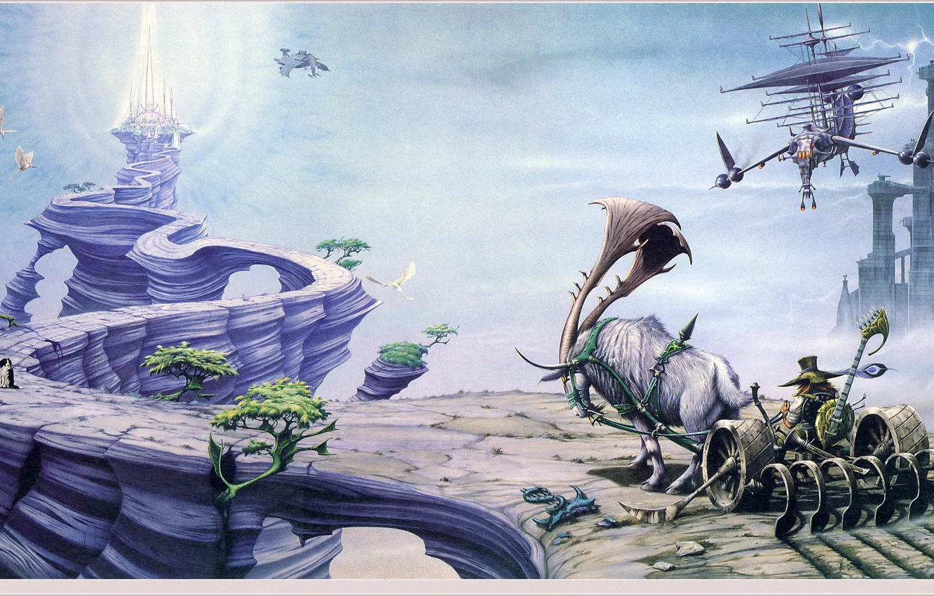 Photo wallpaper castle, fiction, rocks, wagon, Rodney Matthews, flying ship