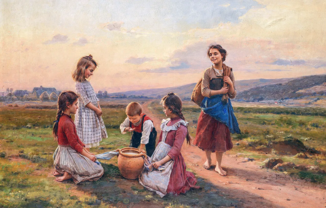 Photo wallpaper Boy, Children, Picture, Girls, Cesar Pattein, French artist, Cesar Pattein, Welcome treat